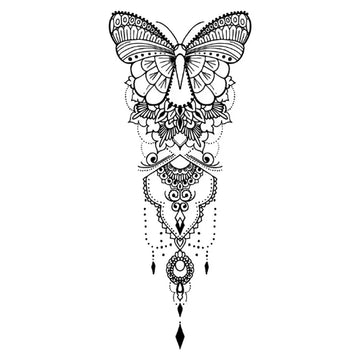 Ornamental mandala butterfly tattoo with symmetrical details.