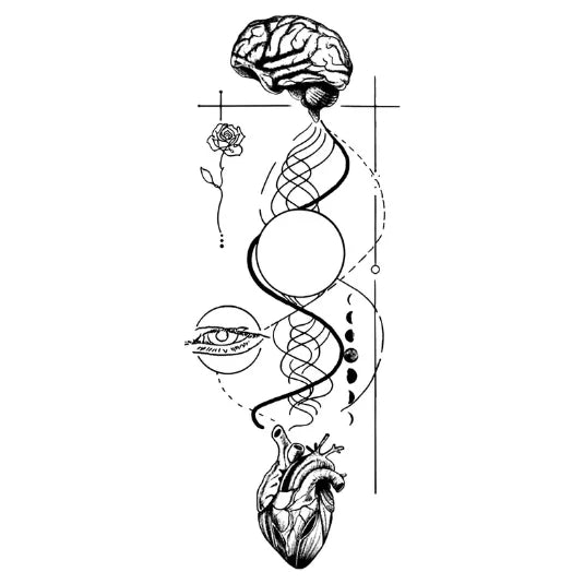 Temporary tattoo of anatomy and spiritual symbols – brain, DNA, moon, heart.