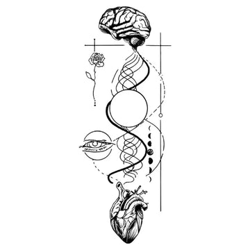 Temporary tattoo of anatomy and spiritual symbols – brain, DNA, moon, heart.