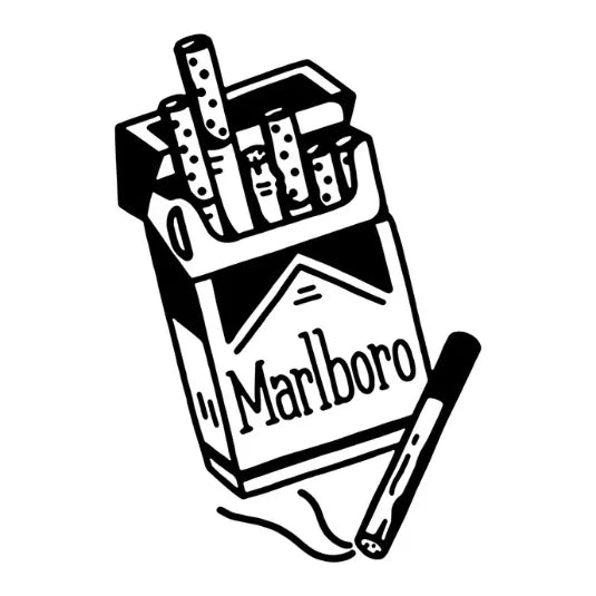 Tattoo of Marlboro cigarette pack with smoking cigarette sketch.
