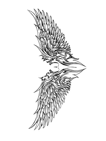 Black and white line art illustration of a stylized bird head with spread wings, shown on a plain white background.
