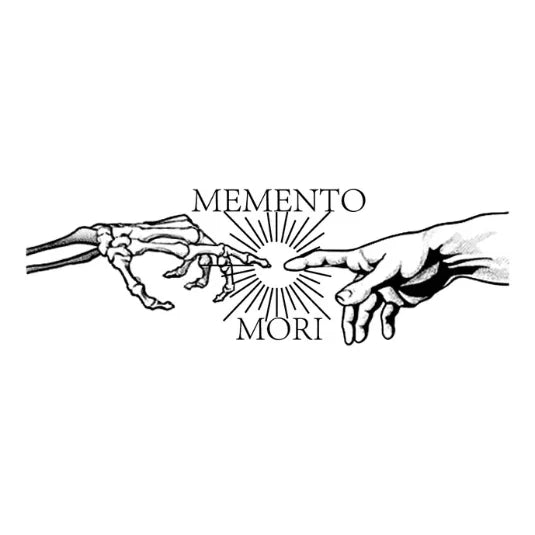 Memento Mori semi permanent tattoo with skeleton and human hand design.