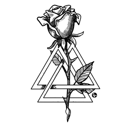 Rose and triangle geometric semi permanent tattoo design.