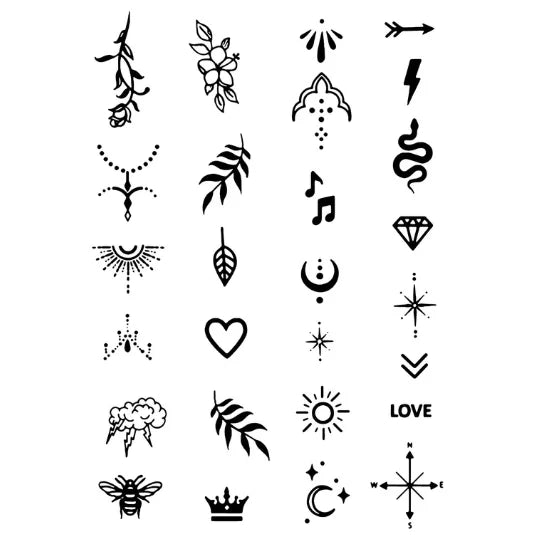 Minimal line art semi permanent tattoo sheet with roses, arrows, snakes, and stars.