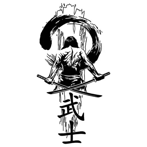 Samurai warrior with crossed swords and Japanese kanji, temporary tattoo design