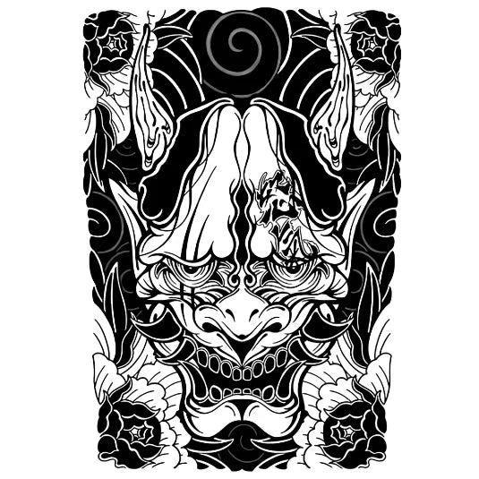 Black and white Japanese Oni mask tattoo with floral elements.
