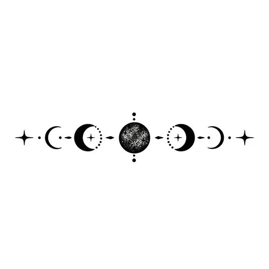 Black and white moon phases temporary tattoo design with stars, perfect for trendy, waterproof body art.