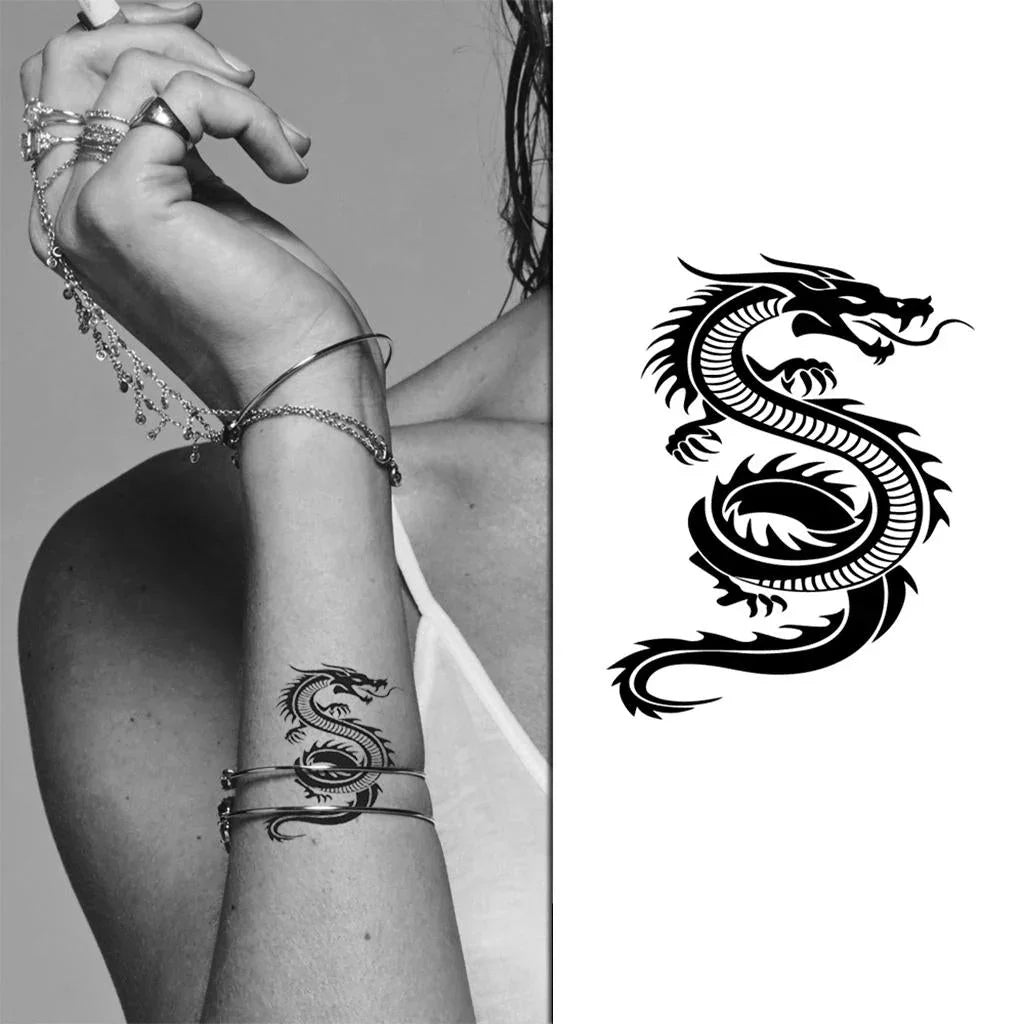 Stylish black dragon temporary tattoo on wrist, waterproof & easy to apply for trendy body art