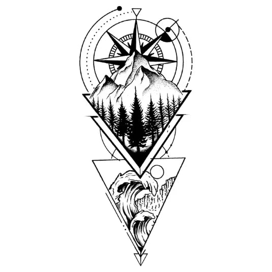 Geometric design with mountain, compass, trees, and waves on a white background