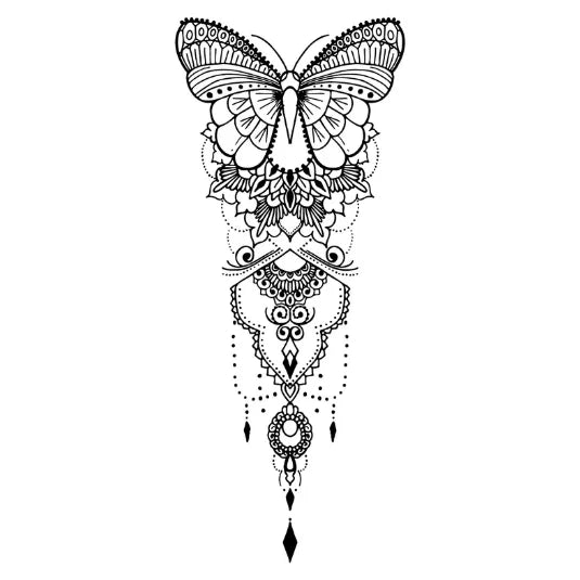 Ornamental mandala butterfly tattoo with symmetrical details.