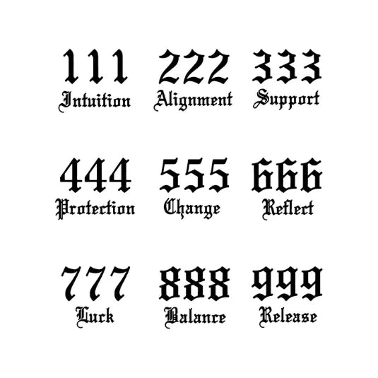 Temporary tattoos of angel numbers 111 to 999 with spiritual meanings.