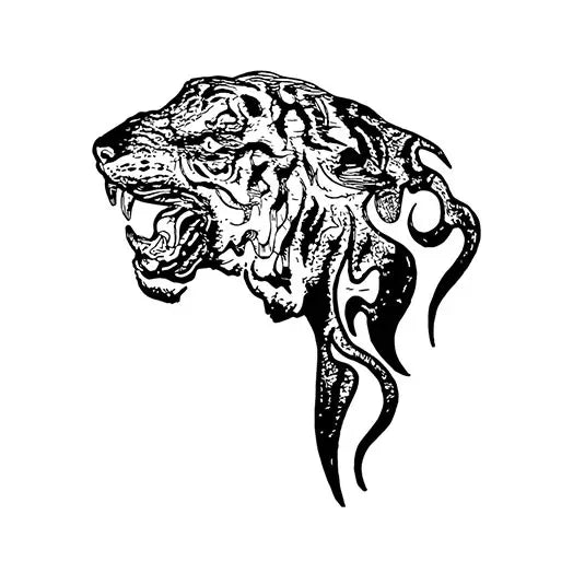 Fierce lion head temporary tattoo with tribal flame design, bold black ink, waterproof and stylish for any occasion.