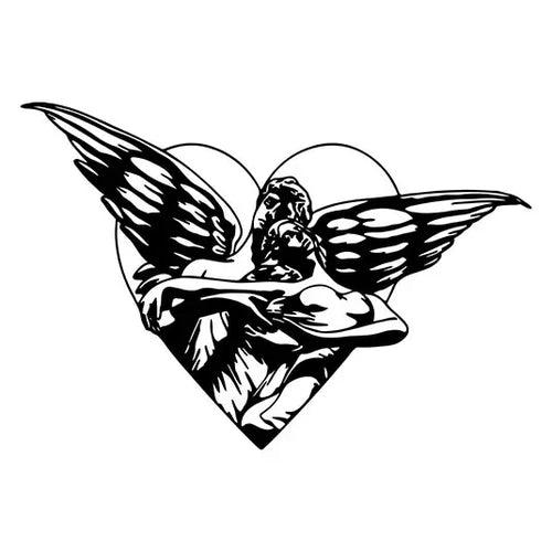 Angel with wings in heart-shaped temporary tattoo design, stylish and skin-safe for expressive body art.