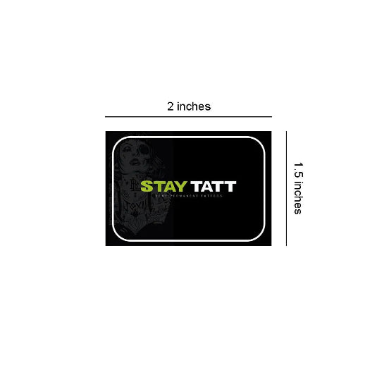 Black card with 'STAY TATT' logo and dimensions on a white background