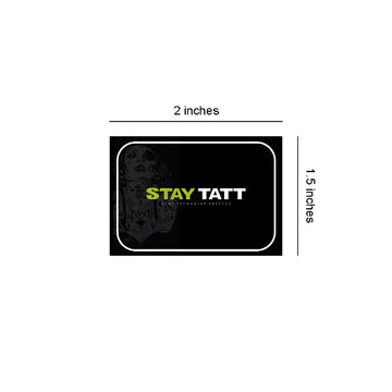 Black card with 'STAY TATT' logo and dimensions on a white background