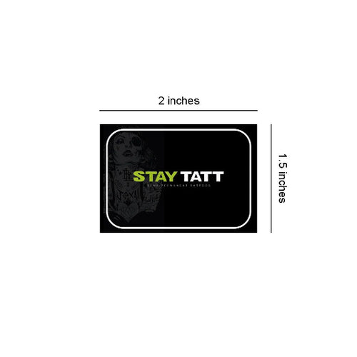Black card with 'STAY TATT' logo and dimensions on a white background