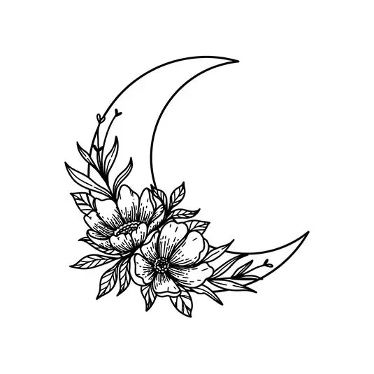 Floral crescent moon temporary tattoo design, stylish and skin-safe for expressive body art.