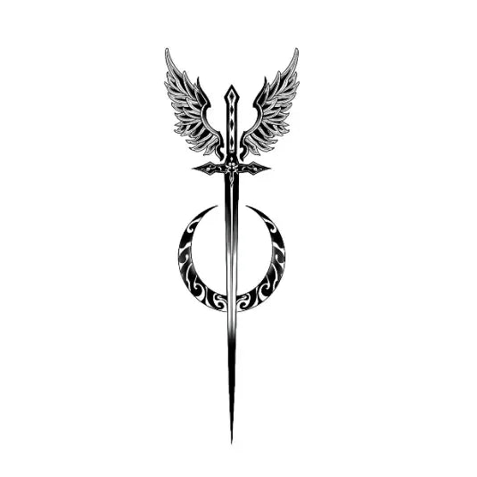 Temporary tattoo design: sword with wings and crescent moon, stylish and bold for expressive body art.