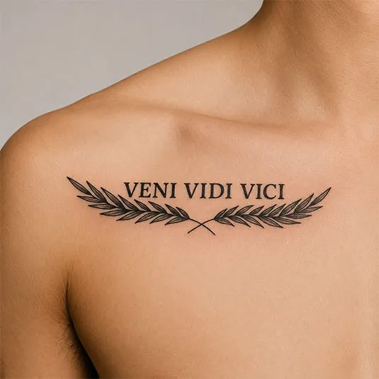 Veni Vidi Vici Semi-Permanent Tattoo | Laurel Wreath Collarbone Design | Stay tatt